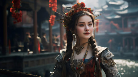 the fenghuang hybrid, a majestic mythical creature, is beautifully captured in this stunning portrait photograph, showcasing its vibrant plumage, intricate feathers, and regal demeanor, evoking a sense of ancient chinese mythology and folklore, with hints of phoenix and dragon-like features. ai generatedの素材