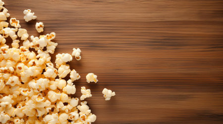 freshly popped popcorn is scattered across a rustic wood table, inviting all to grab a handful of the crunchy, buttery snack, perfect for a cozy movie night or casual gathering with friends and family, evoking feelings of warmth and togetherness. ai generatedの素材
