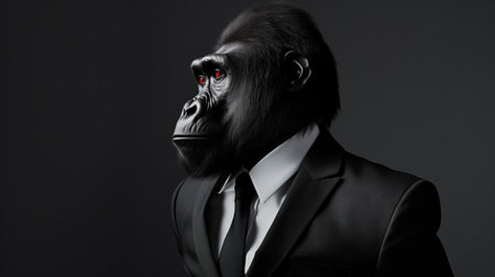a gorilla, dressed in a stylish outfit, poses elegantly against a simple, monochromatic background, showcasing the beauty of minimalism in fashion portraiture, highlighting the contrast between the animal's natural ruggedness and refined, high-fashion sensibilities, evoking a sense of sophistication and urban chic. ai generatedの素材