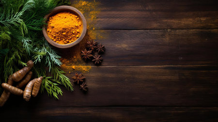 turmeric, a vibrant yellow spice, is artfully arranged on a rustic wood table, showcasing its warm, earthy tones and aromatic properties, perfect for adding flavor and nutrition to various culinary dishes, from indian curries to healthy beverages. ai generatedの素材