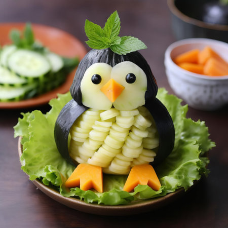 this adorable penguin-shaped pastry salad is a delightful twist on traditional savory treats, featuring a crispy outer crust filled with a fresh mix of greens, cherry tomatoes, and creamy dressing, perfect for a whimsical lunch or dinner party centerpiece. ai generatedの素材