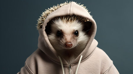 the hedgehog, adorned with a stylish miniature hat and scarf, poses elegantly against a clean, monochromatic backdrop, epitomizing the essence of minimalist fashion, where simplicity meets quirky charm, showcasing the beauty of understated elegance in this unique and captivating portrait. ai generatedの素材