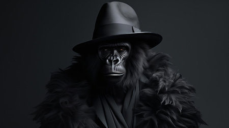 a majestic gorilla poses in a minimalist setting, showcasing a striking fashion portrait that blends the beauty of nature with modern style, highlighting the intriguing contrast between the wild animal's rugged features and the simplicity of its surroundings. ai generatedの素材