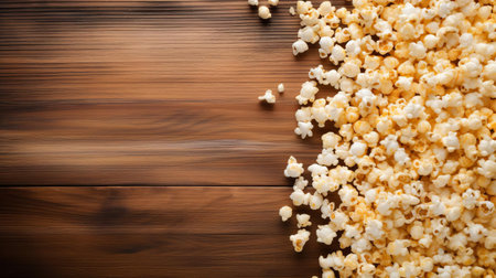 freshly popped popcorn is scattered across a rustic wood table, creating a warm and inviting atmosphere, perfect for a cozy movie night or casual gathering with friends and family, evoking feelings of comfort and nostalgia. ai generatedの素材