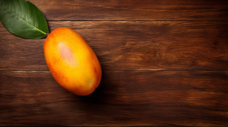 a ripe mango sits alone on a rustic wood table, its vibrant orange-yellow skin glistening in the light, surrounded by subtle wood grain textures, evoking feelings of warmth, comfort, and tropical summer days, perfect for healthy snacking and refreshing desserts. ai generatedの素材