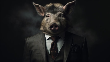 the boar, majestically centered in a minimalist fashion portrait, exudes confidence and sophistication, its rugged features softened by the subtle, earthy tones of the background, evoking a sense of rustic elegance and understated luxury, perfect for nature-inspired art and wildlife enthusiasts. ai generatedの素材