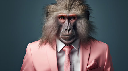 the baboon, a majestic primate, poses elegantly in a minimalist fashion portrait, showcasing its natural beauty and intriguing gaze, set against a clean and simple background, highlighting the subject's unique features and textures, evoking a sense of serenity and sophistication in wildlife photography. ai generatedの素材