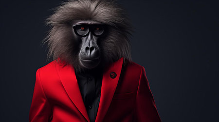 the baboon, dressed in a stylish outfit, poses confidently against a clean, monochromatic backdrop, showcasing the fusion of minimalist fashion and wildlife portraiture, highlighting the intriguing contrast between nature and human aesthetics, while exuding a sense of sophistication and elegance. ai generatedの素材
