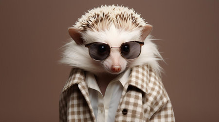 the hedgehog, adorned with a stylish miniature hat and scarf, poses elegantly in a minimalist setting, showcasing a unique fusion of wildlife and fashion, highlighting the beauty of simplicity and the quirky charm of this prickly creature in a sophisticated portrait. ai generatedの素材