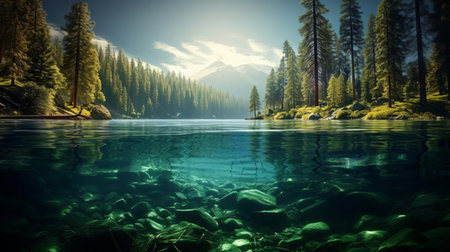 the serene lake ocean, nestled among towering pine trees, reflects the vibrant hues of nature, creating a tranquil atmosphere perfect for relaxation and connection with the great outdoors, evoking feelings of calmness and serenity in this idyllic forest landscape. ai generatedの素材