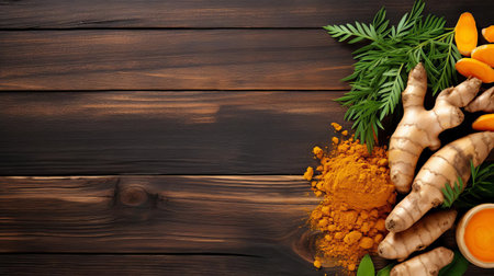 turmeric, a vibrant yellow spice, is beautifully displayed on a rustic wood table, its warm tones and earthy aroma evoking feelings of comfort and wellness, perfect for adding flavor and nutrition to a variety of dishes, from curries to soups and teas. ai generatedの素材