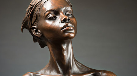 the bronze statue stands majestically, its medium brown patina glistening in the light, showcasing the intricate details of the skilled artisan's craftsmanship, evoking a sense of ancient history and timeless elegance, perfect for home decor or office spaces, adding a touch of sophistication and refinement. ai generatedの素材