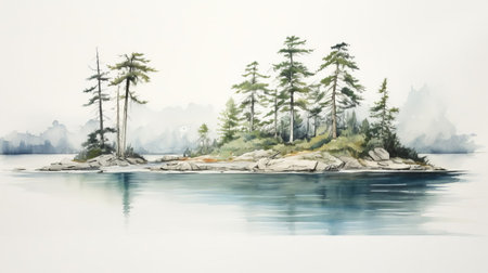 serene atoll landscape featuring a picturesque sketch of majestic pine trees standing tall along the tranquil water's edge, surrounded by lush greenery, evoking a sense of peacefulness and connection with nature's beauty, perfect for relaxation and inspiration. ai generatedの素材