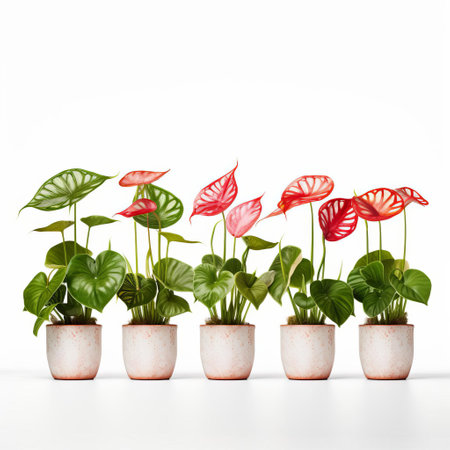 a stunning row of anthurium plants in pots sits elegantly on a pristine white background, showcasing their vibrant green leaves and delicate, long-lasting flowers in shades of red, pink, and white, perfect for adding a touch of tropical beauty to any interior space or event decoration. ai generatedの素材