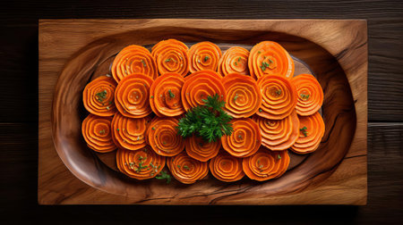 carrots, freshly sliced and arranged on a rustic wooden tray, showcase their vibrant orange color and crunchy texture, perfect for healthy snacking, salads, or as a crudite for dips, adding a pop of color and freshness to any culinary creation. ai generatedの素材