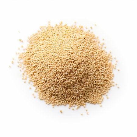 quinoa, a protein-rich superfood, sits isolated on a pristine white background, showcasing its unique texture and earthy tone, perfect for healthy recipes, vegan dishes, and gluten-free meals, highlighting its nutritional benefits and culinary versatility. ai generatedの素材