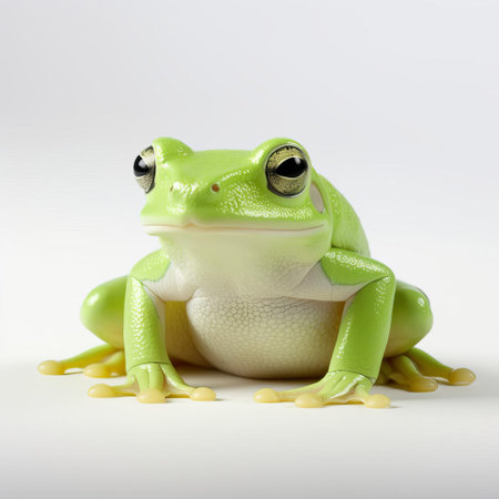 the frog, perched on a simplistic white background, showcases its vibrant green skin and intricate details, highlighting the beauty of nature in a minimalist setting, perfect for wildlife enthusiasts and photography lovers alike. ai generatedの素材