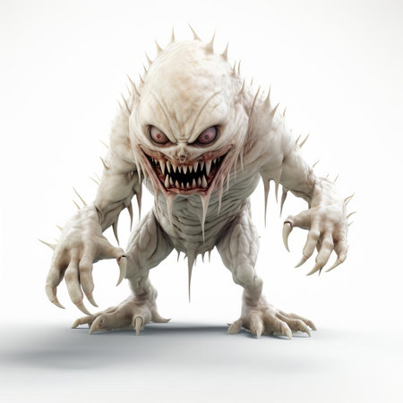 the 3d monster stands tall on a pristine white background, its vibrant green scales glistening in the light, showcasing its fearsome claws and razor-sharp teeth, perfect for fantasy and horror themed designs, digital art, and computer-generated imagery projects. ai generatedの素材