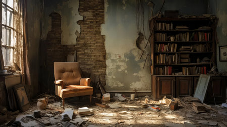 the panic room, a secure space designed for emergency situations, sits in disarray, requiring urgent renovation to restore its functionality and safety features, with peeling paint, broken furniture, and outdated security systems crying out for a makeover to provide a sense of comfort and protection. ai generatedの素材
