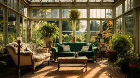 the conservatory, surrounded by lush greenery, stands in need of renovation, its worn-out wooden frames and foggy glass panels crying out for a fresh makeover to restore its former glory as a serene and tranquil indoor oasis. ai generatedの素材
