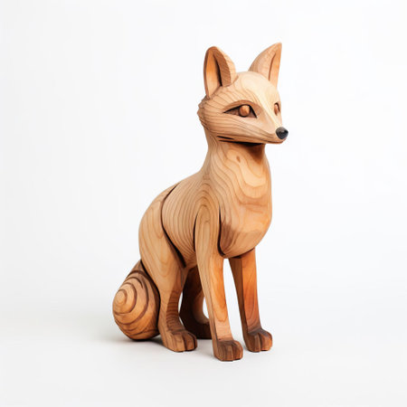 the wooden fox, meticulously handcrafted from natural wood, stands proudly on a pristine white background, showcasing its intricately carved full body, highlighting the artisan's attention to detail and skill in woodworking, perfect for nature-inspired home decor and rustic wooden animal figurine enthusiasts. ai generatedの素材
