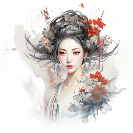 the asian art piece, adorned with intricate patterns and vibrant colors, stands out against a pristine white background, showcasing the beauty of eastern cultural heritage and symbolizing serenity, elegance, and refinement, perfect for art enthusiasts and collectors of oriental-inspired decor. ai generatedの素材