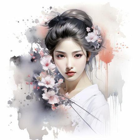 the japanese art piece, set against a pristine white background, showcases intricate brushstrokes and delicate cherry blossom motifs, blending traditional ukiyo-e woodblock printing techniques with modern minimalist aesthetics, evoking a sense of serenity and cultural heritage. ai generatedの素材