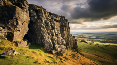 the crag in yorkshire stands majestically amidst the rolling hills and lush greenery of the english countryside, its rugged surface a testament to the region's rich geological history, beckoning rock climbers and hikers to explore its challenging routes and breathtaking vistas. ai generatedの素材