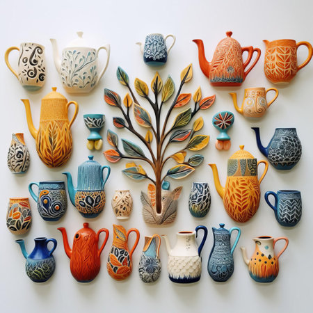 ceramics art piece stands out against a pristine white background, showcasing intricate designs and patterns that highlight the artisan's skillful craftsmanship, blending traditional techniques with modern flair, creating a stunning visual display of pottery and sculpture. ai generatedの素材