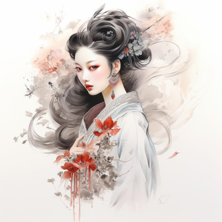 the asian art piece, adorned with intricate designs and vibrant colors, stands out against a pristine white background, showcasing the beauty of eastern cultural heritage and symbolizing serenity, elegance, and refinement, perfect for art enthusiasts and collectors of oriental-inspired masterpieces. ai generatedの素材