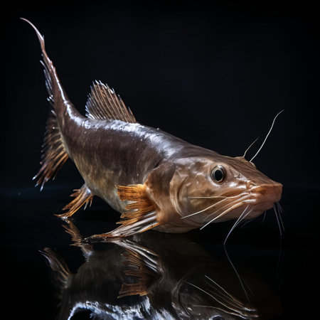 the catfish, with its distinctive whisker-like barbels and mottled brown skin, poses elegantly in a studio shot against a clean, isolated background, showcasing its unique features and vibrant colors, perfect for aquarium enthusiasts, fish breeders, and nature photographers. ai generatedの素材