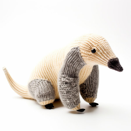 the adorable knitted anteater sits proudly on a crisp white background, showcasing its intricately stitched fur and cute facial features, perfect for nature lovers and craft enthusiasts alike, highlighting the beauty of handmade textiles and wildlife-inspired art. ai generatedの素材