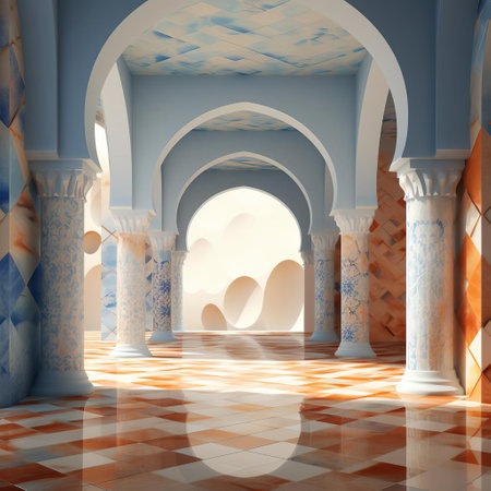 the moroccan-inspired 3d zellige tile design features intricate geometric patterns and vibrant colors, adding a touch of exotic elegance to any room's decor, perfect for creating a unique and captivating ambiance in modern homes and commercial spaces. ai generatedの素材