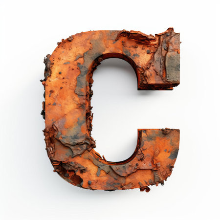the rusty 3d letter c stands out against a pristine white background, showcasing a striking contrast between the distressed, aged metal texture and the clean, minimalist surroundings, perfect for design elements, typography, and industrial-themed visuals. ai generatedの素材