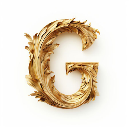 the elegant gold wood letter g stands out against a pristine white background, exuding luxury and sophistication, perfect for decorative typography, monogram designs, and personalized gifts, evoking feelings of refinement and glamour in modern interior design and stylish visual communications. ai generatedの素材