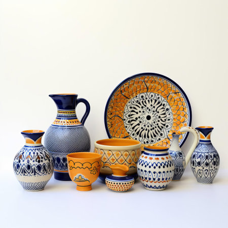 cordoba pottery sits elegantly against a pristine white background, showcasing its intricate ceramic patterns and earthy tones, evoking the rich cultural heritage of spanish artisanal craftsmanship, perfect for adding a touch of rustic charm to any home decor or interior design setting. ai generatedの素材