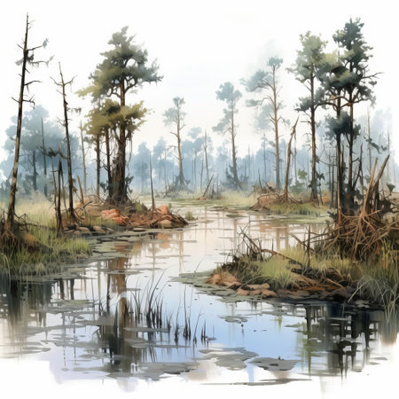 the palustrine swamp, a type of freshwater wetland, is showcased against a pristine white background, highlighting its unique ecosystem featuring aquatic plants, shrubs, and trees thriving in a saturated environment, perfect for nature enthusiasts and environmentalists to explore and study. ai generatedの素材