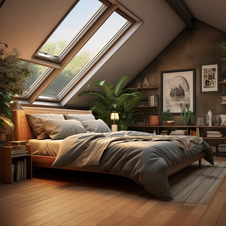 the 3d bedroom design showcases a serene and modern space with sleek furniture, soft lighting, and calming colors, perfect for relaxation, featuring a comfortable bed, stylish nightstands, and a large window with flowing curtains, ideal for a peaceful retreat. ai generatedの素材