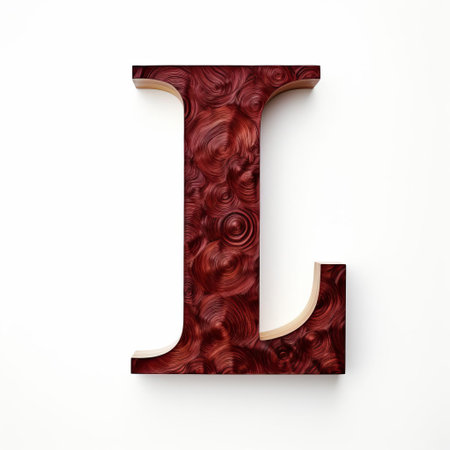 the elegant maroon wood letter l stands out against a crisp white background, adding a touch of sophistication to any room's decor, perfect for modern interior design, alphabet wall art, and personalized home accessories, evoking feelings of luxury and refinement. ai generatedの素材