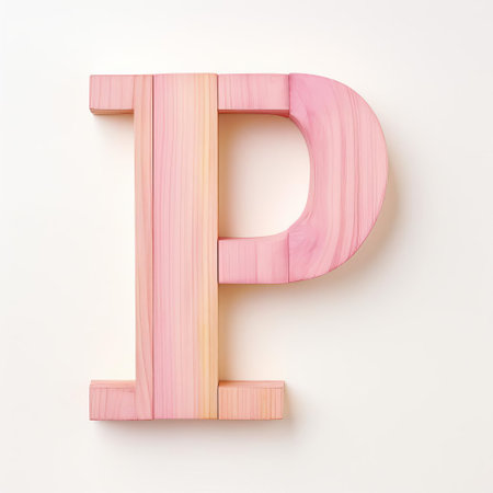 the pink wooden letter p stands out against a crisp white background, adding a touch of modern elegance to any room's decor, perfect for personalized wall art, nursery decorations, or diy projects, showcasing a beautiful blend of pastel hues and natural textures. ai generatedの素材