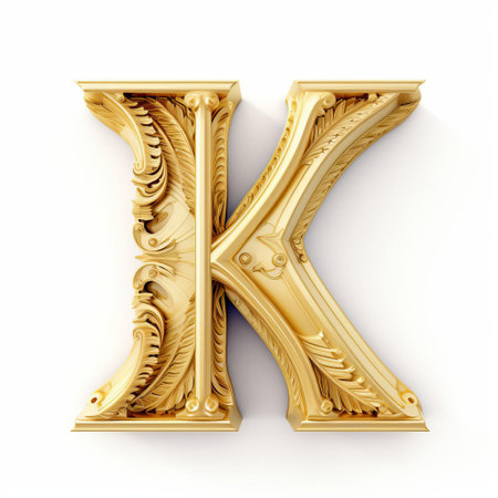 the majestic gold monster, adorned with a bold letter k, stands out against a pristine white background, evoking a sense of luxury and sophistication, perfect for designers and artists seeking elegant typography and modern graphics inspiration in their creative projects. ai generatedの素材