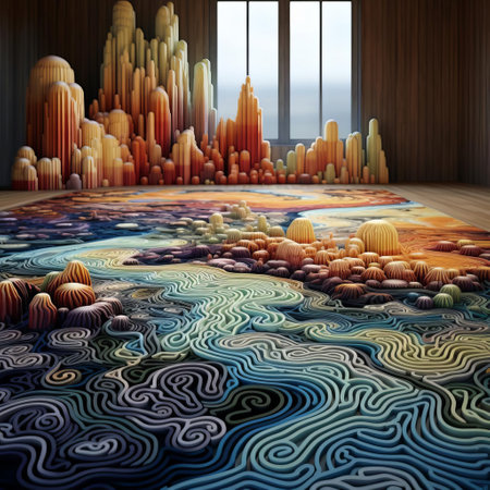 the 3d carpet, with its vibrant colors and intricate patterns, adds a touch of modern elegance to any room, creating a unique and immersive experience, perfect for homes, offices, and public spaces, while also providing a comfortable and soft flooring solution. ai generatedの素材