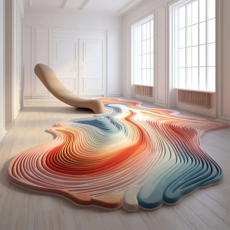 the 3d carpet, with its vibrant colors and intricate patterns, adds a touch of modern elegance to any room, featuring a futuristic design that creates an optical illusion, perfect for interior designers and homeowners looking to make a statement with their floor decor. ai generatedの素材