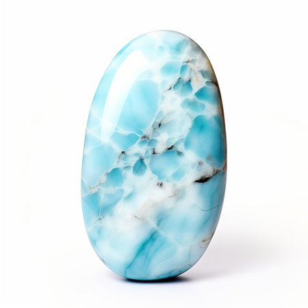 the larimar stone, a rare and exquisite gemstone, glistens against a pristine white background, showcasing its mesmerizing blue hues and delicate patterns, evoking a sense of tropical tranquility and caribbean charm, perfect for jewelry making, healing practices, and decorative accents. ai generatedの素材