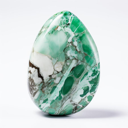 the variscite stone, a rare and vibrant mineral, showcases its mesmerizing turquoise-blue hue against a crisp white background, highlighting its unique crystal structure and intricate patterns, perfect for gemstone enthusiasts and collectors of rare minerals. ai generatedの素材
