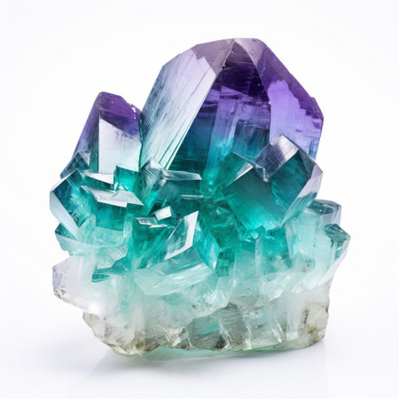 the fluorite stone, a vibrant and mesmerizing mineral, showcases its intricate crystal structure against a pristine white background, highlighting its delicate purple and blue hues, perfect for collectors and enthusiasts of geodes, crystals, and mineral specimens. ai generatedの素材