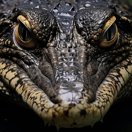 the alligator's rugged face showcases its ancient, scaly skin, with piercing eyes and a powerful snout, highlighting its dominance in the swampy wetlands, a true symbol of wild nature and primal beauty, evoking a sense of awe and respect for these majestic creatures. ai generatedの素材