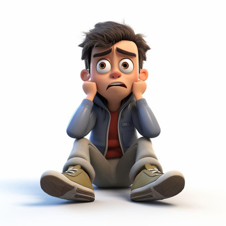 ethan, a 3d animated character, stands out against a pristine white background, showcasing his full body in a stressed pose, conveying a sense of anxiety and frustration, perfect for illustrations and designs requiring emotional expression, human-like emotions, and realistic body language. ai generatedの素材