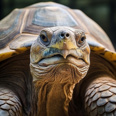 this adorable tortoise face showcases a gentle creature with a wrinkled skin, wise eyes, and a sweet smile, highlighting the unique features of these slow-moving, long-lived reptiles that inhabit deserts, forests, and grasslands around the world. ai generatedの素材