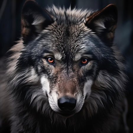 the wolf's majestic face, with its piercing yellow eyes and sharp features, exudes a sense of wild beauty and power, showcasing the apex predator's dominance in its natural habitat, surrounded by lush green forests and rugged landscapes, a true marvel of wildlife photography. ai generatedの素材